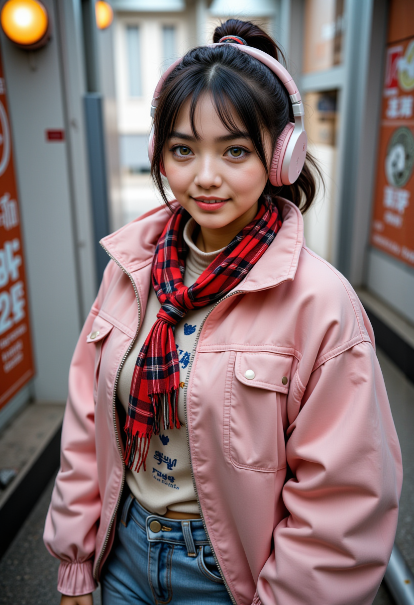 Hyperrealistic, she is approximately 18 years old, she is smiling, dynamic angles, multiple angles,She is looking at the camera, photoshoot poses; s photo of Yun-Hee_wkrea_ComfyuiCC, a young woman with black hair, She is wearing pink and white headphones, a pink jacket zipped closed, a red and black checkered scarf, blue denim jeans, with black boots,  she is posing for the camera.  She is standing in a elavator, it's clean and beautiful, daytime, The scene is set in a beautiful well lit environment, with a sense of action and adventure. listening to her music. with a sense of action and adventure. the young woman being the main focus of the image. she is posing for the camera with a smile on her face. Style: realistic hyper-detailed rendering, 32k UHD, expressive eyes, punk, graphic design, girl's face, pretty and cute, gleaming lips, telling a tale of adventure. Exuding confidence and serenity. The overall mood of the image is happy and relaxed,detailed skin texture,(blush:0.2),(goosebumps:0.3),subsurface scattering,with a playful and whimsical tone,  Detailed hand, perfect hands, retro50s_style, niji style, looking at the camera, looking at the camera, looking at the camera, 