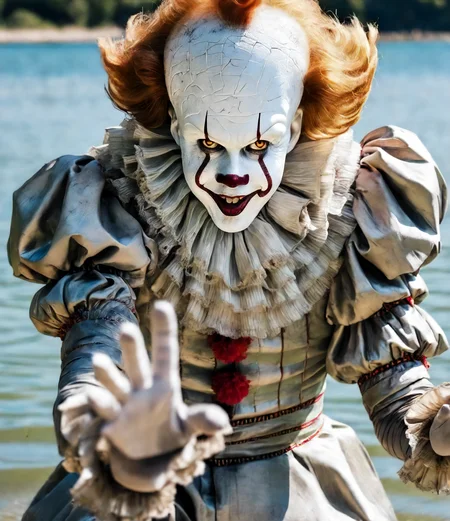 close up portrait of pennywise a creepy clown saying hi with his hand, at the beach swimming in the water <lora:Pennywise:0.7> sunny day,