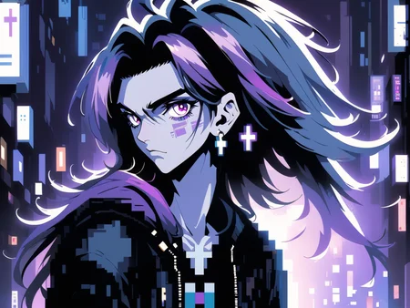 this is a photo of a fashion boy, it is a straight angle with his full body, he has a wonderful purple_eyes and long straight hear, wearing a cross earrings, standing in the middle of street in the dark, pixel_art style background
BREAK
<lora:pixel_art style backgound:0.8>