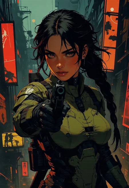 magnificent, closeup portrait, female bounty hunter, braided black hair, futuristic armor, halo spartan, spartan armor, sexy, curvy, large breasts, large ass, aiming a sniper rifle, sniper rifle, aiming rifle, holstered pistol, Cyberpunk City, Neon Lights, foreshortening,
looking at viewer, solo, 
Cowboy Shot, close up, from above,