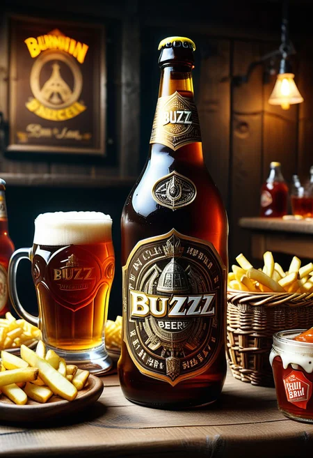 masterpiece,ASCII,8k.absurdes,intricate,maximum resolution, hyper detailed,
a bottle of beer with a strange and funny shape with the label reading "buzz", on a tavern table, wooden table, accompanied by a mug, and a basket of french fries,jars of sauces,, advertising campaign, winning photo
pureerosface_v1,DonM0ccul7Ru57XL