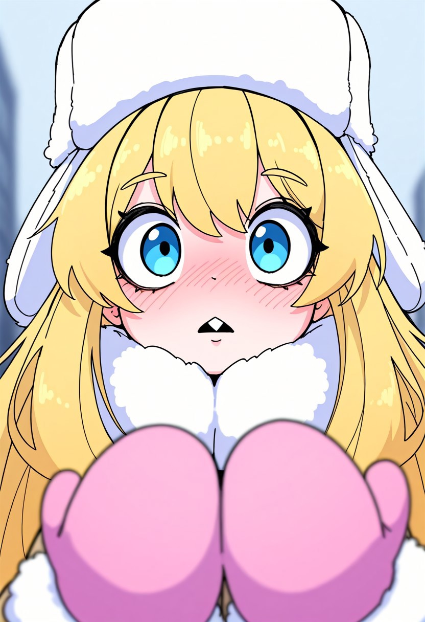 dryamero, illustration, charact portrait, depth of field, pastel coloring/(medium/), blonde hair, very long hair, blushing, face focus, buck teeth, looking at viewer, ushanka, mittens, winter coat