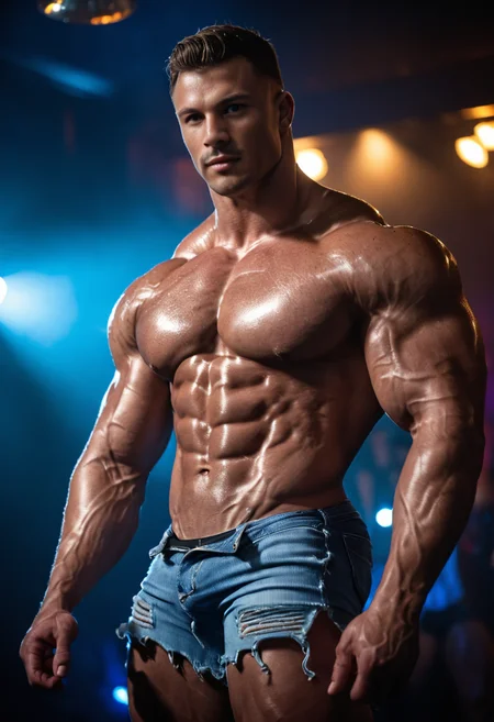 cinematic photo muscle  male wearing small ripped small shorts, on gay night club, looking at viewer,nipples . 
young,bodybuilding, bodybuildingsex,
open button,
large pectoral, 
massive pectoral,
beefy muscle ,
35mm photograph, film, bokeh, professional, 4k, highly detailed,realistic
  <lora:bodybuildingsex:0.85>