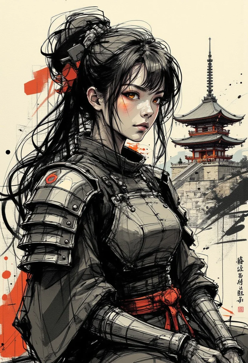 nvinkpunk, colored sketch in the style of ck-ccd, Japanese female warrior, long hair, bangs, sidelocks, hair ornament, black and red plated armour, sitting in front of a shinto shrine