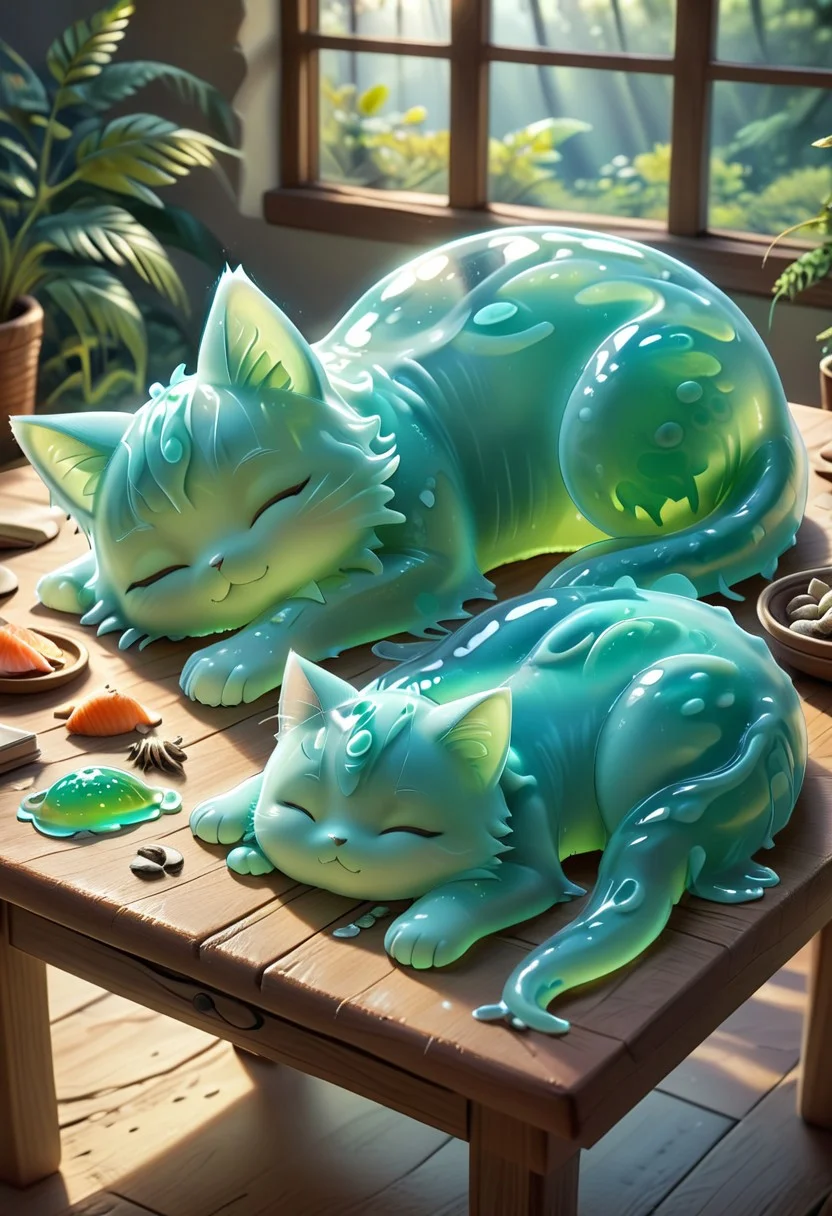 Sl1m3d, masterpiece, highest quality, cute, whimsical,  Adorable green slime-morph-kitten, sleeping on a table, sunlight, paws, tail, cat ears, a couple of slimos sleeping next to each other, peaceful environment, cosy, closed eyes, very cute, fish skeleton next to each other