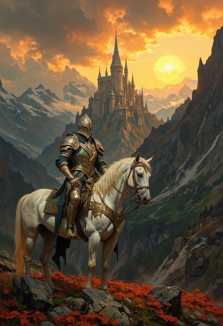8k high quality digital painting , masterpiece, very detailed, ultra realistic, (best quality) very detailed epic masterpiece, 
unearthly beautiful, a breathtakingly beautiful landscape in the French Alps, in the foreground a shiny knight on his horse watches a beaqutiful castle in the distance, the low yellow-red sun casts long shadows, enchanting landscape, fairytale-like, calm mood, flowers in the foreground, realistic