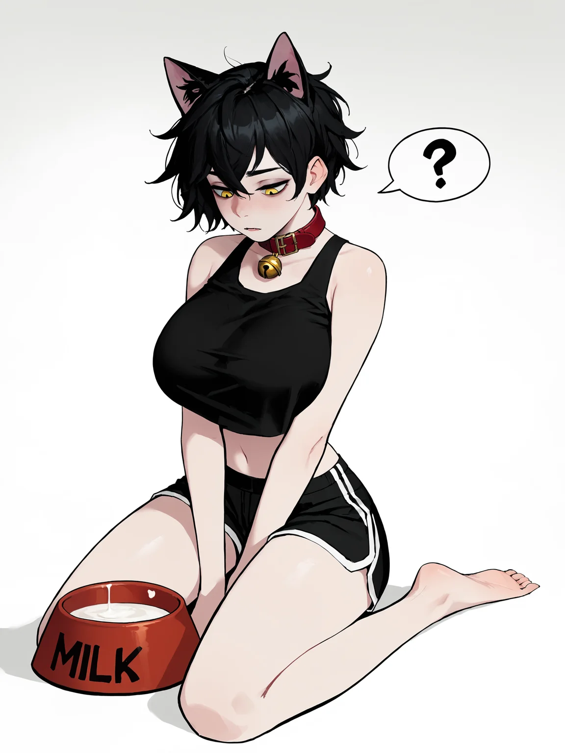score_9, score_8_up, score_7_up, score_6_up, score_5_up, score_4_up,
BREAK
1girl, black hair, short hair, messy hair, yellow eyes, cat ears, spoken question mark, half-closed eyes, squinting, neck bell, looking down,
BREAK
solo, kneeling, barefoot, black crop top, black top, sleeveless, stomach, large breasts, black sport shorts, red collar, hands between legs, milk bowl, red bowl,
BREAK
white background, <lora:Lunas-DonghoKang-SDXL-A1:1>