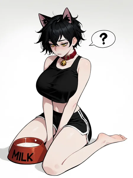 score_9, score_8_up, score_7_up, score_6_up, score_5_up, score_4_up,
BREAK
1girl, black hair, short hair, messy hair, yellow eyes, cat ears, spoken question mark, half-closed eyes, squinting, neck bell, looking down,
BREAK
solo, kneeling, barefoot, black crop top, black top, sleeveless, stomach, large breasts, black sport shorts, red collar, hands between legs, milk bowl, red bowl,
BREAK
white background, <lora:Lunas-DonghoKang-SDXL-A1:1>