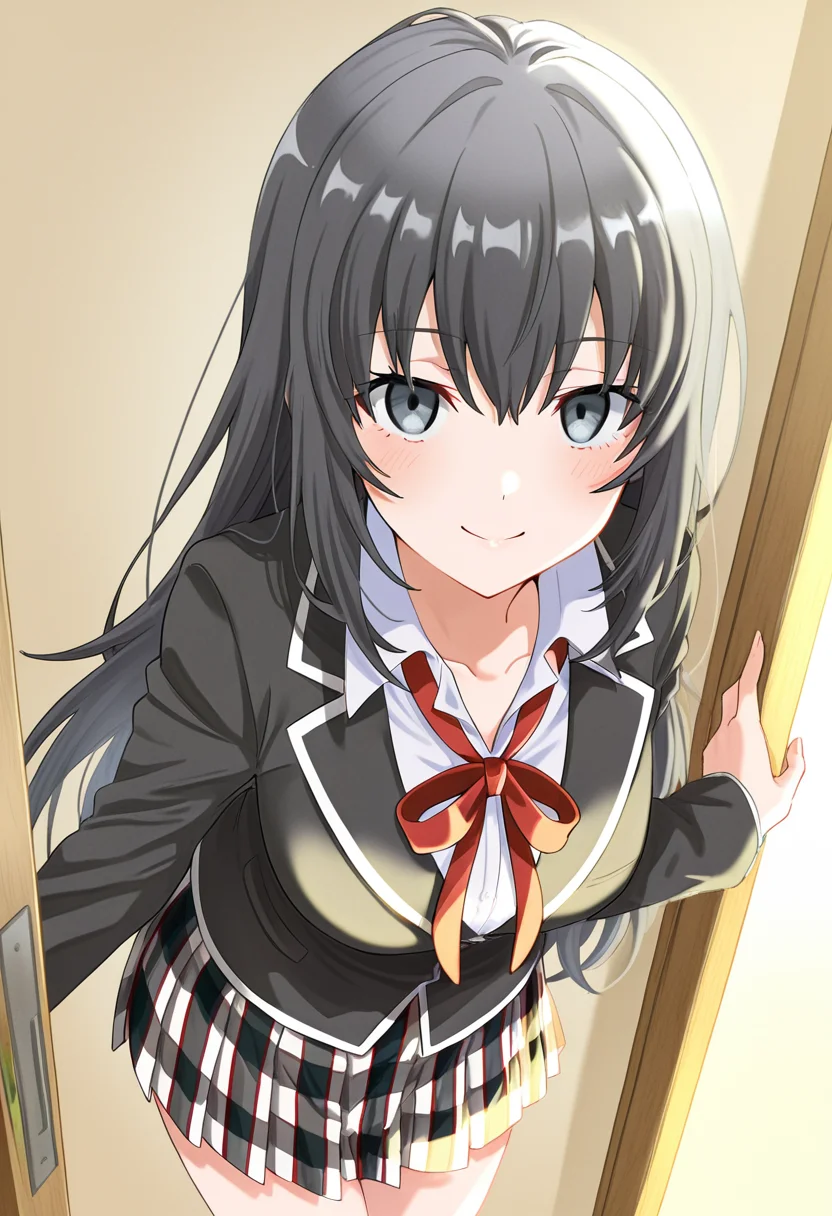 1girl, oregairumiagup, black hair, very long hair, black eyes, sobu high school uniform, black jacket, neck ribbon, red ribbon, plaid skirt, pleated skirt, looking at viewer, smile, cute, <lora:RumiHighSchool_ill_v2:1>, masterpiece, best quality, high quality, detailed, absurdres