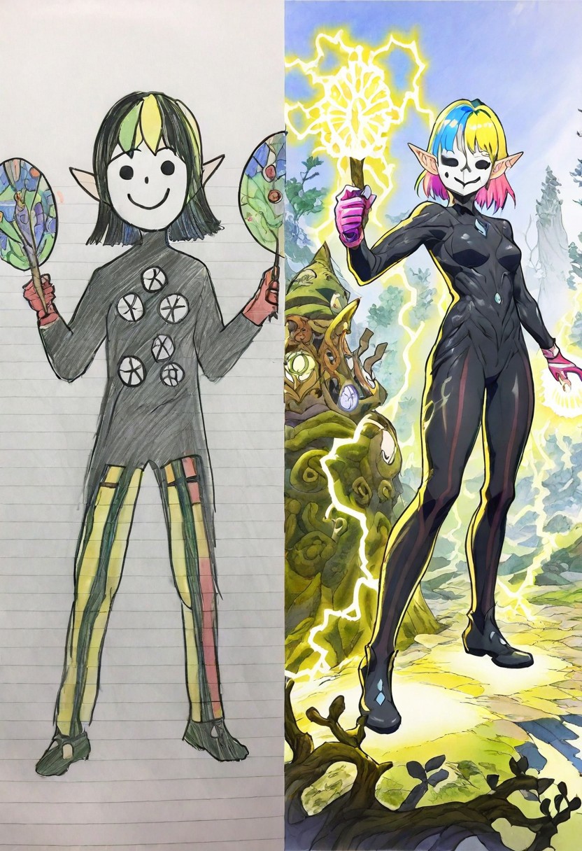 masterpiece, best quality,   smile, multicolored hair, holding, bodysuit, mask, striped pants, full body, striped, gloves, long sleeves, tree, electricity, elf, black bodysuit, day, fantasy setting               ,