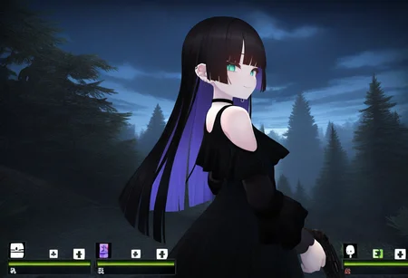 masterpiece, best quality, solo, looking at viewer, 1girl, smile, <lora:left4dead2-Style-illus_Fp:1>, 3d, cloudy sky, gameplay mechanics, user interface, night, forest, pa-san, purple colored inner hair, ear piercing, hime cut, choker, black dress, long dress, shoulder cutout, green eyes, gun, from side,