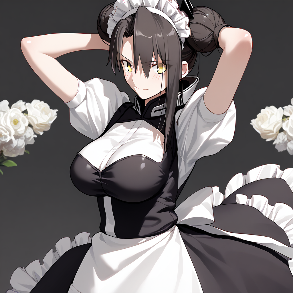<lora:Takeuchi_Takashi_PonyXL_style_v01:1>
<lora:agent.pony:1>
score_9 , score_8_up , score_7_up , source_anime , 
masterpiece , best quality , ultra-detailed , 
BREAK
agent \(girls' frontline\), maid
1girl , woman , huge breasts , light smile , light blush , ((medusa (fate)):0.5)  , 
long black hair  , maid dress ,  
arms up