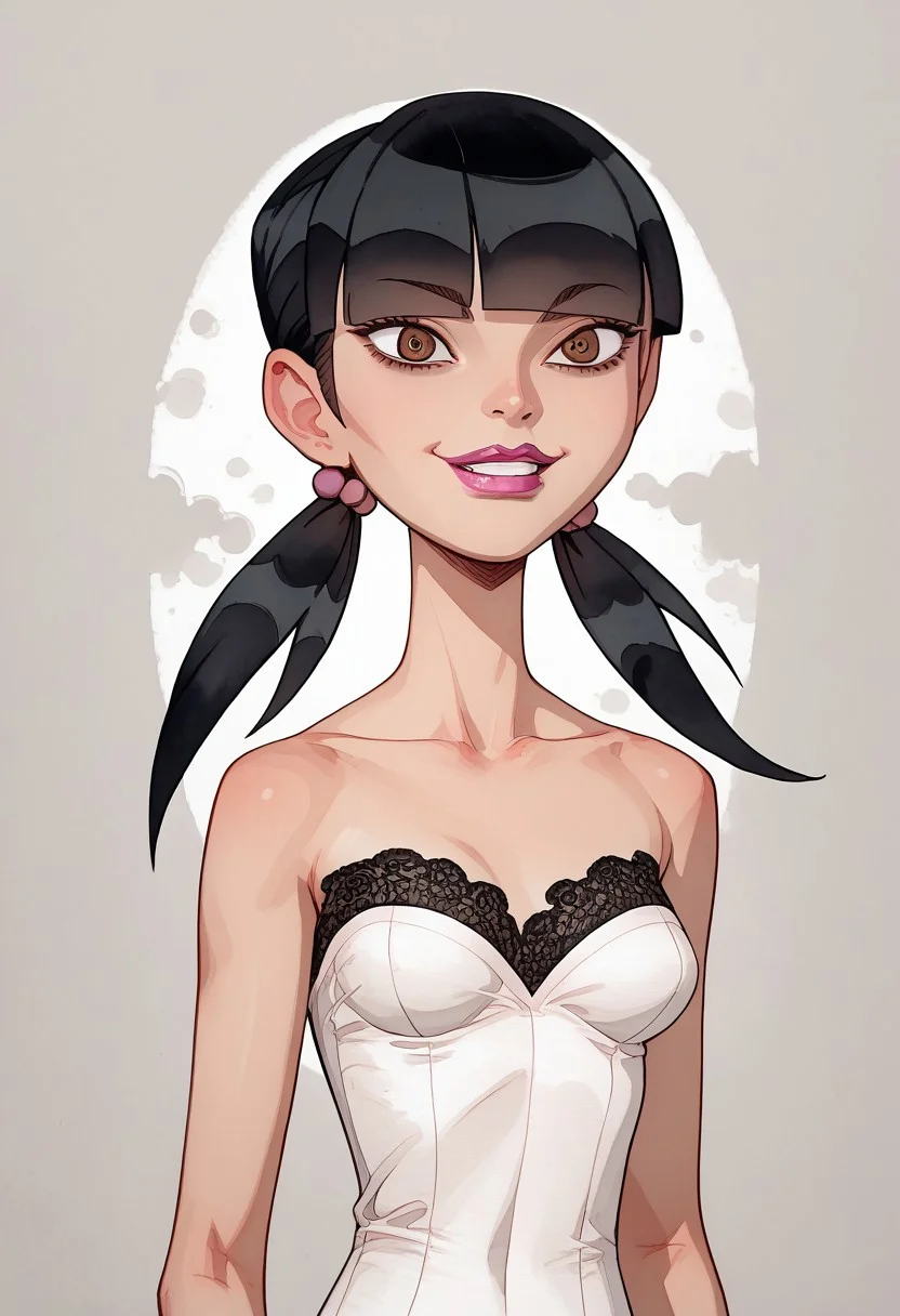 score_9, score_8_up, score_7_up, watercolor \(medium\), traditional media, Julie, black hair, blunt bangs, twintails, brown eyes, lipstick, (collarbone), solo, sexy, upturned breasts, very perky breasts, (skinny:1.2), (svelte), hourglass figure, wide hips, black velvet gown, featuring intricate silver embroidery and shimmering pearls and a symmetrical veil made of translucent black lace. the veil covers her head and drapes down her shoulders, side view, close up, salute hand gesture, ((dark circles under eyes)),little happy, sly smile,(exited face), alternate pose, dynamic from, dynamic view,sexy pose,dynamic pose, focus girl, from above, warm light,Detailed background,