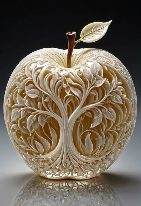 ivory_carving_style, beautiful picture of an apple, made out of delicate and fragile fine original ivory material, whole body, masterpiece, flawless, elegant, vibrant details, (expansive view:1.4), (clear outlines:1.4), (ultra detailed:1.4), 64K, (high contrast:1.4), award winning, stunning, beautiful composition, clean sharp focus, SFW, realistic