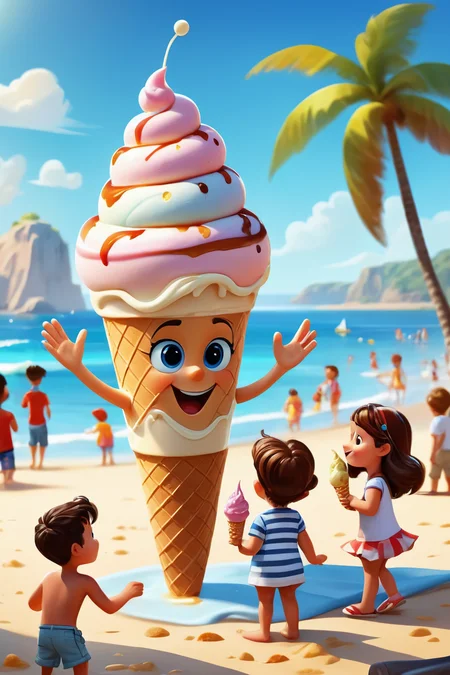 Disney Pixar Style, an anthropomorph ice cream standing at the beach giving ice cream to children, surrounded by children, sunny day at the beach, hot summer day, extremely detailed, masterpiece, <lora:add-detail-xl:1.5>