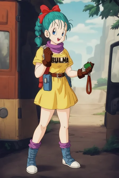 source_anime, score_9, score_8_up, score_7_up, anime screencap, 
bulma \(dragonball\), 1girl, solo, open mouth, smile, green_legwear, forest, clothes writing, character name, brown gloves, looking at viewer, green scarf, fanny pack, striped dress, yellow dress, gloves, ribbon, aqua hair, hair ribbon, weapon, braid, boots, outdoors, sky, day, cloud, bag, scarf, black eyes, tree, gun, single braid, facing viewer, handgun, single glove, watch, braided ponytail, wristwatch, holster, holstered weapon, dragon radar, blue footwear, blue sky, teeth, socks,
 <lora:bulma_pony_v1:0.8>