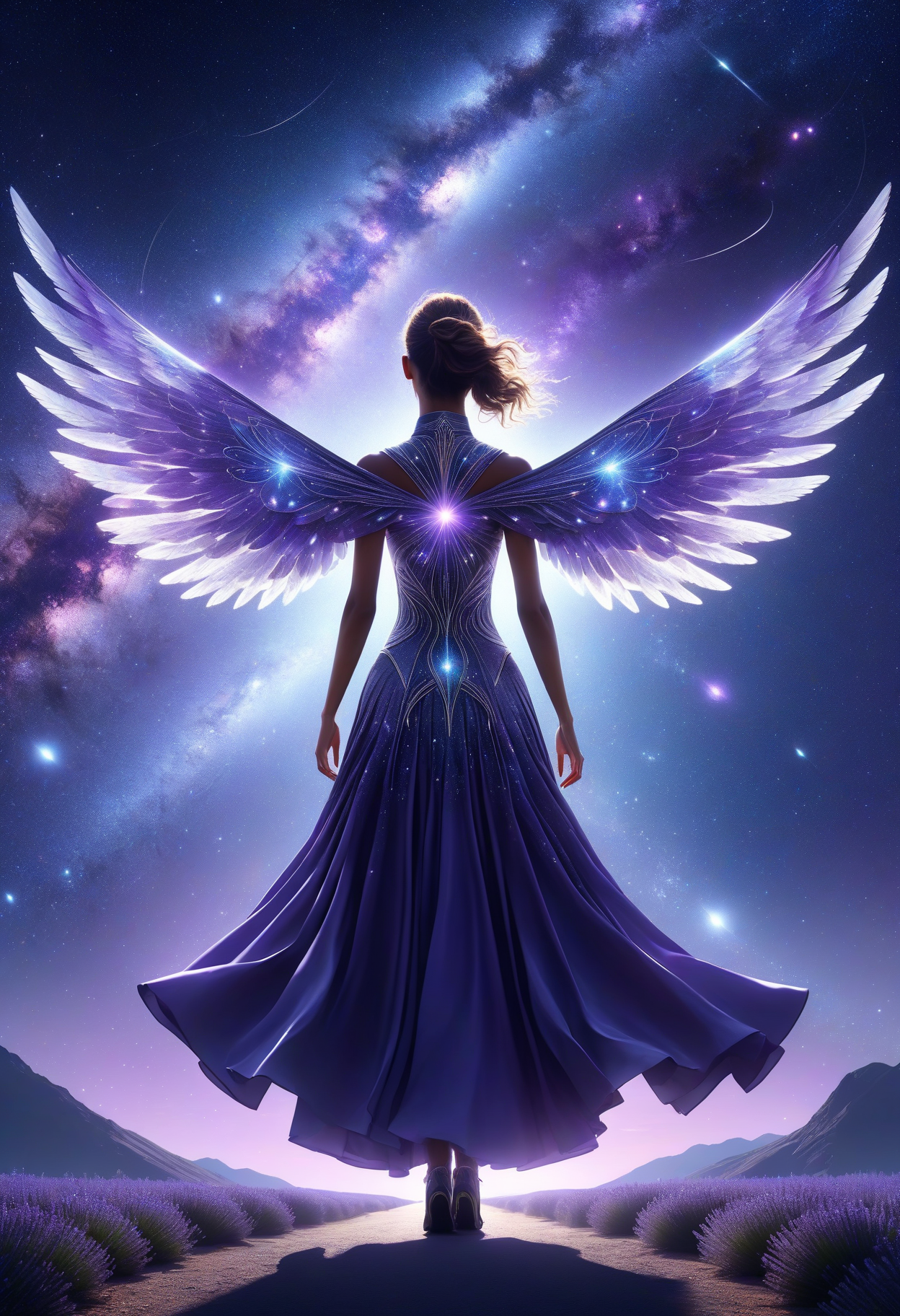 awesome quality, dynamic,DonMDr4g0nXL woman from behind,wings attached to back,skirt, (draconid:0.25) lavender shadowy radiant, celestial latitude, astral, zenithal hour angle, meteor shower  <lora:myLora\DonMDr4g0nXL-v2rb:1>,