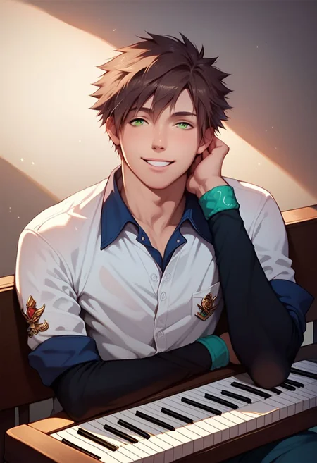 score_9, score_8_up, score_7_up, masterpiece, best quality, lots of details, close-up, ((2boy)solo smile brown hair shirt 1boy sitting green eyes male focus wristband instrument sleeves rolled up music playing instrument piano Masaru_Nakahara bacchikoi, shaded, detailed shading, detailed skin, shaded skin, realistic shading, Expressiveh, countershading:1.1