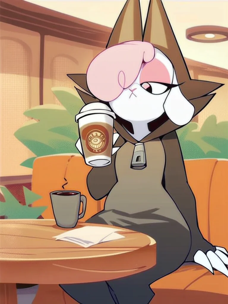 score_9, score_8_up, score_7_up, score_6_up, score_5_up, score_4_up, source_furry, Cofi_PonyXL, on_model, hood_up, claws, triangle mouth,sitting, cafe, drinking, coffee mug, holding cup, <lora:Cofi-PonyXL-v2:1.0>
