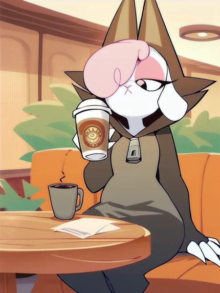 score_9, score_8_up, score_7_up, score_6_up, score_5_up, score_4_up, source_furry, Cofi_PonyXL, on_model, hood_up, claws, triangle mouth,sitting, cafe, drinking, coffee mug, holding cup, <lora:Cofi-PonyXL-v2:1.0>