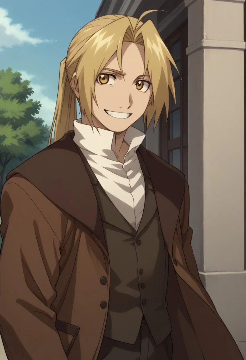 score_9, score_8_up, score_7_up, source_anime, highly detailed, 

edwardelric, 1boy, solo, blonde hair, male focus, coat, yellow eyes, ponytail, pants, ahoge, shirt, gloves, white shirt, white gloves, brown coat, upper body, slender, skinny, smile, grin,

outdoor,