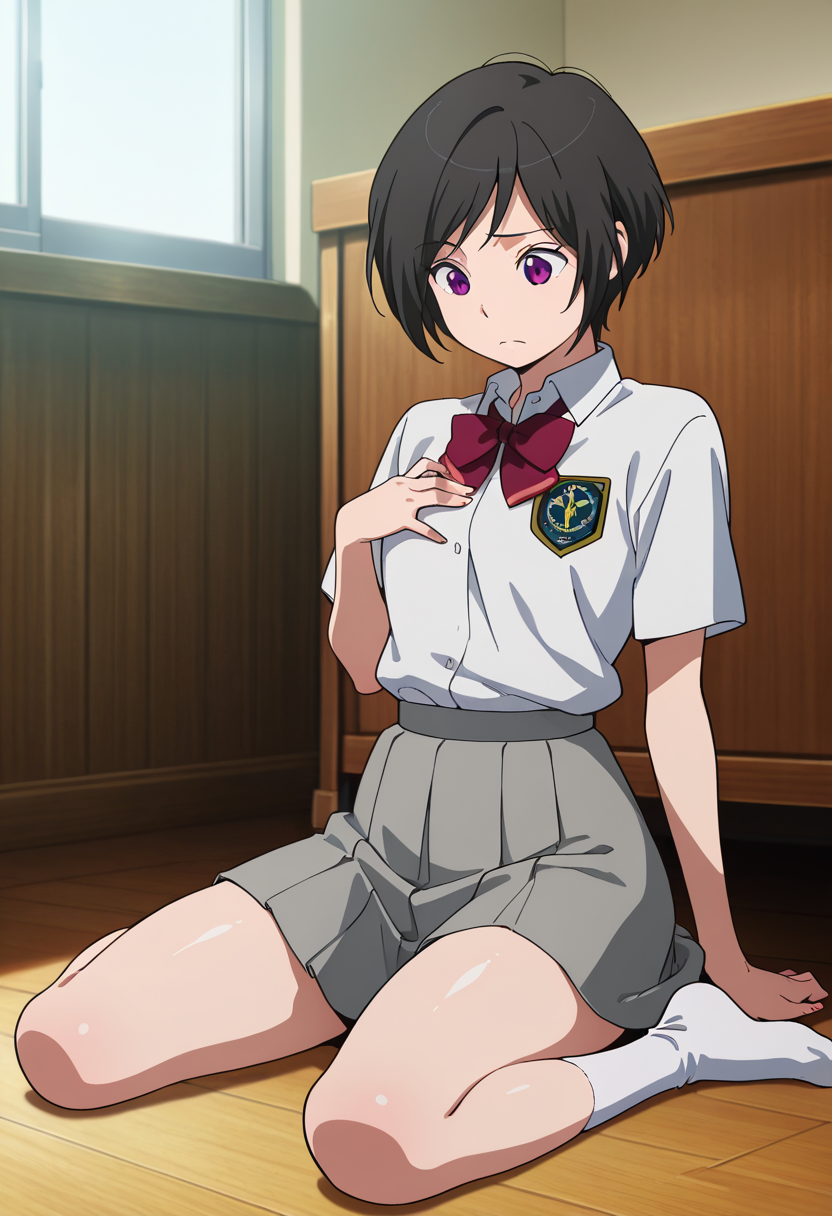 masterpiece, best quality, amazing quality, very aesthetic, absurdres, newest, illustration, perfect composition, intricate details, highres, anime coloring, 1girl, solo, inkoww, purple eyes, black hair, short hair, school uniform, white collared shirt, short sleeves, red bowtie, emblem, grey skirt, white socks, <lora:Amifumi_Inko_Aldnoah_Zero_ill_v1.1:1>, indoors, bedroom, frown, wariza, sitting, hand on own chest, looking down, shiny body, shiny skin, skindentation, clear skin, shiny hair, ultra detailed eyes, depth of field, sharp, intricate details, hyperdetailed, ultra-detailed, detailed clothing folds, high contrast, dynamic light