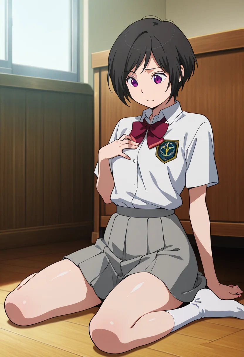 masterpiece, best quality, amazing quality, very aesthetic, absurdres, newest, illustration, perfect composition, intricate details, highres, anime coloring, 1girl, solo, inkoww, purple eyes, black hair, short hair, school uniform, white collared shirt, short sleeves, red bowtie, emblem, grey skirt, white socks, <lora:Amifumi_Inko_Aldnoah_Zero_ill_v1.1:1>, indoors, bedroom, frown, wariza, sitting, hand on own chest, looking down, shiny body, shiny skin, skindentation, clear skin, shiny hair, ultra detailed eyes, depth of field, sharp, intricate details, hyperdetailed, ultra-detailed, detailed clothing folds, high contrast, dynamic light