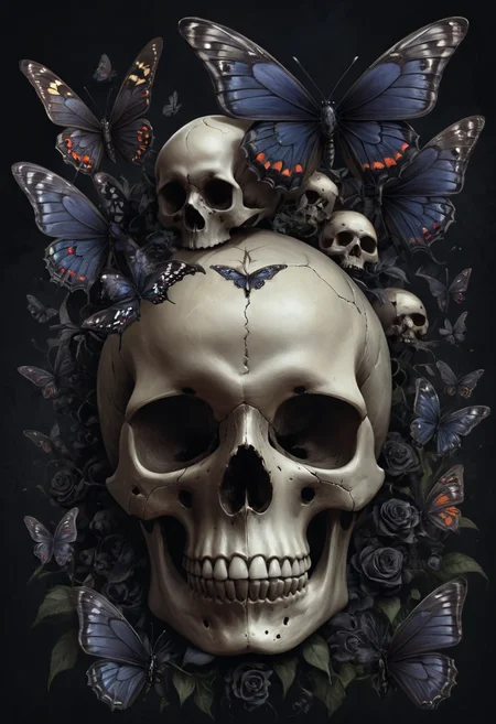 butterfly, skulls, dark colors, hand draw, gothic style, dark fanatsy art, digital painting, mobe-godeen <lora:GothicDetailEnhancerV1:0.6>,