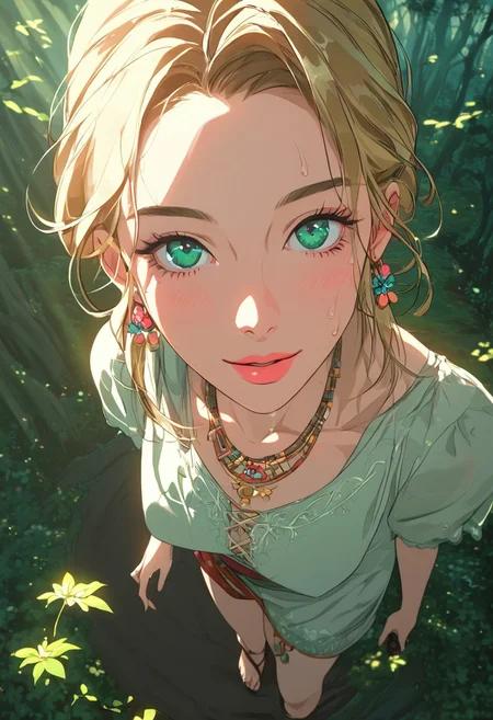 masterpiece,best quality, highly detailed, score_9, score_8_up, score_7_up, score_6_up, source_cartoon,
 BREAK
 1MILF, open eyes, angle, sweat, (motion lines:0.3), (motion blur:0.3),  partial nudity, mature female, housewife
 BREAK
 BREAK
(young woman:1.2), (druid:1.2), illustration, shag   medium blonde hair,  close-up portrait, (standing:0.9), full body, legs, loincloth, (sandals),  Oxford Gray (druid clothes), flower in hair, tassel earrings, celtic necklace, glossy lips, happy (smile:0.6), pretty beautiful, feminine, (nice lovely,adorable cute:0.8), sexy, (in love romantic loving:0.8), fantasy, (beautiful celtic landscape:0.9), (very detailed:1.2), (best quality:1.2), sharp focus, (big rocks:0.9), (moss:0.4), (ripples, reflections:0.8), celtic  castle, (small river small pond:0.5), druid forest, (druid village:1.2), (stunning nature environment:0.8) , (enchanted land:0.5), bright (sunny sky), (sunset:0.3), high contrast, natural light, backlight, shadows, (lens flare:0.4), (vibrant colors, colorful):0.6, clovers, (Hunter Green flowers:0.9), leaves, 
dynamic light, warm_light, vibrant colors warm_colors, soft focus, high contrast, textured surfaces, depth of field, golden hour lighting, dramatic shadows, rich details, nature-inspired color palette, playful composition.
,dynamic angle,dynamic light,background,