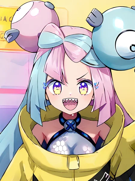 <lora:l0n0-10:1>, l0n0, 1girl, long hair, smile, hair ornament, jacket, pink hair, yellow jacket, character hair ornament, iono (pokemon), teeth, sharp teeth, bow-shaped hair, solo, oversized clothes, very long sleeves, x, sleeveless, sleeveless shirt, sleeves past fingers, shirt, sleeves past wrists, open mouth, low-tied long hair