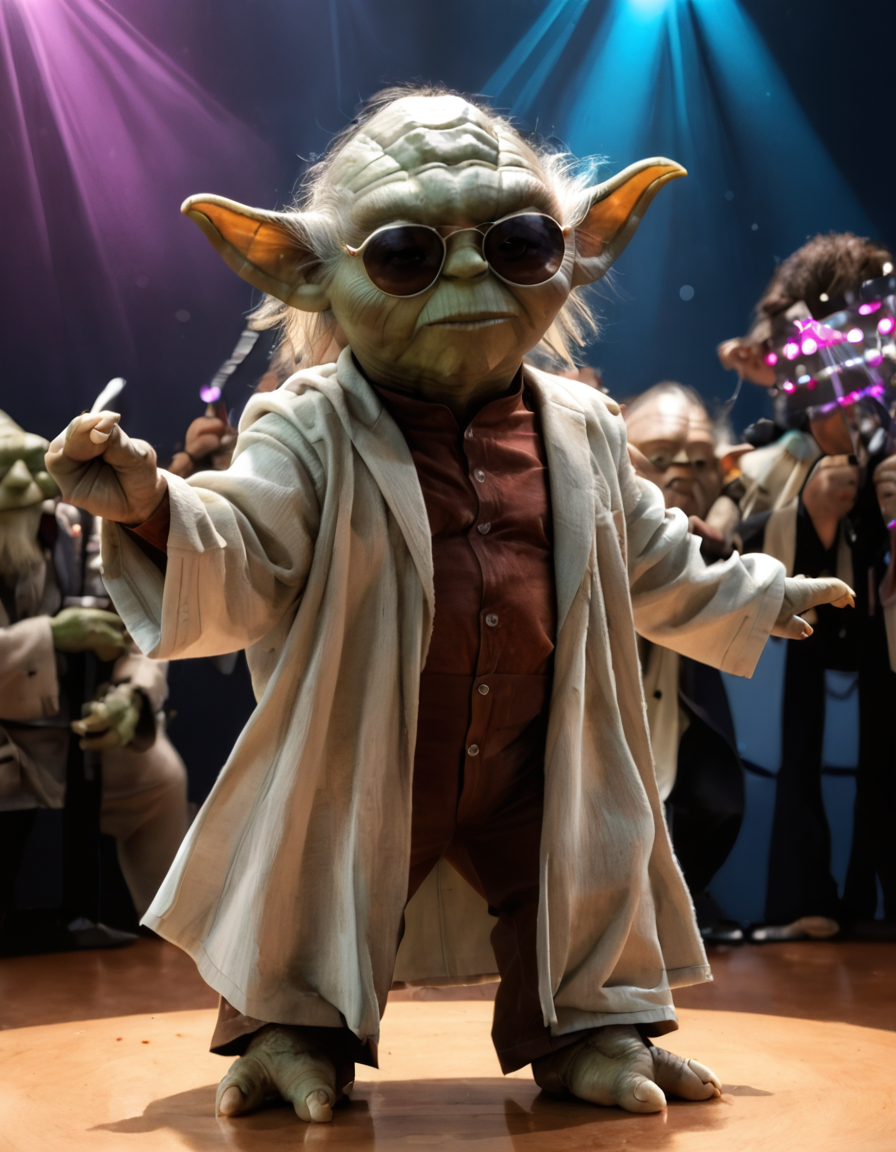 <lora:yoda_pony:1>,yoda,wearing sunglasses,dancing,disco party in background,