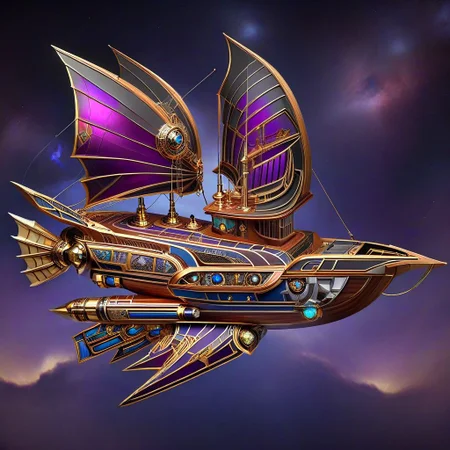 lumenarium, flying ship at space, big purple sail like solar panels, stary sky, aether nebulas, realistic, wooden hull with metal elements, blue glowing energy sail:3, gold metal, steampunk, wings like solar panels, tpship, metal plates, wooden boards, side view, ais-artdeco, contrast