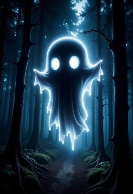 cute chibi ghost with huge eyes flyling through a dark forrest,