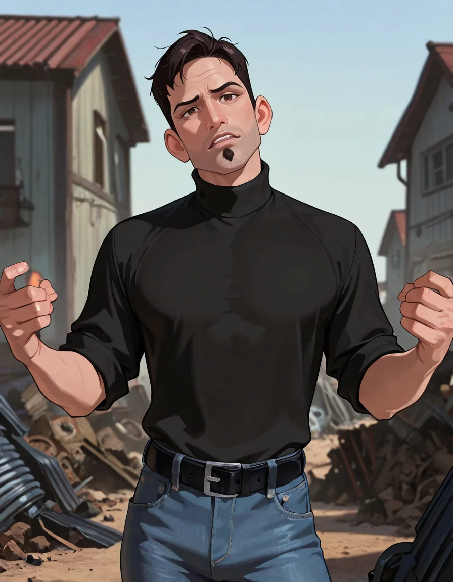 masterpiece, best quality, absurdres, newest, perfect quality, best quality, male focus, solo, 2d, cartoon, <lora:The Iron Giant - Dean McCoppin - Illustrious:0.7>, dmccoppin, 1boy, black hair, short hair, stubble, goatee, brown eyes, head tilt, looking at viewer, black turtleneck, sleeves rolled up, jeans, black belt, outdoors, junkyard, building, frustrated, hands out in frustration, hands up