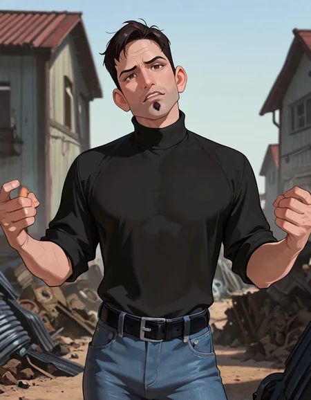 masterpiece, best quality, absurdres, newest, perfect quality, best quality, male focus, solo, 2d, cartoon, <lora:The Iron Giant - Dean McCoppin - Illustrious:0.7>, dmccoppin, 1boy, black hair, short hair, stubble, goatee, brown eyes, head tilt, looking at viewer, black turtleneck, sleeves rolled up, jeans, black belt, outdoors, junkyard, building, frustrated, hands out in frustration, hands up