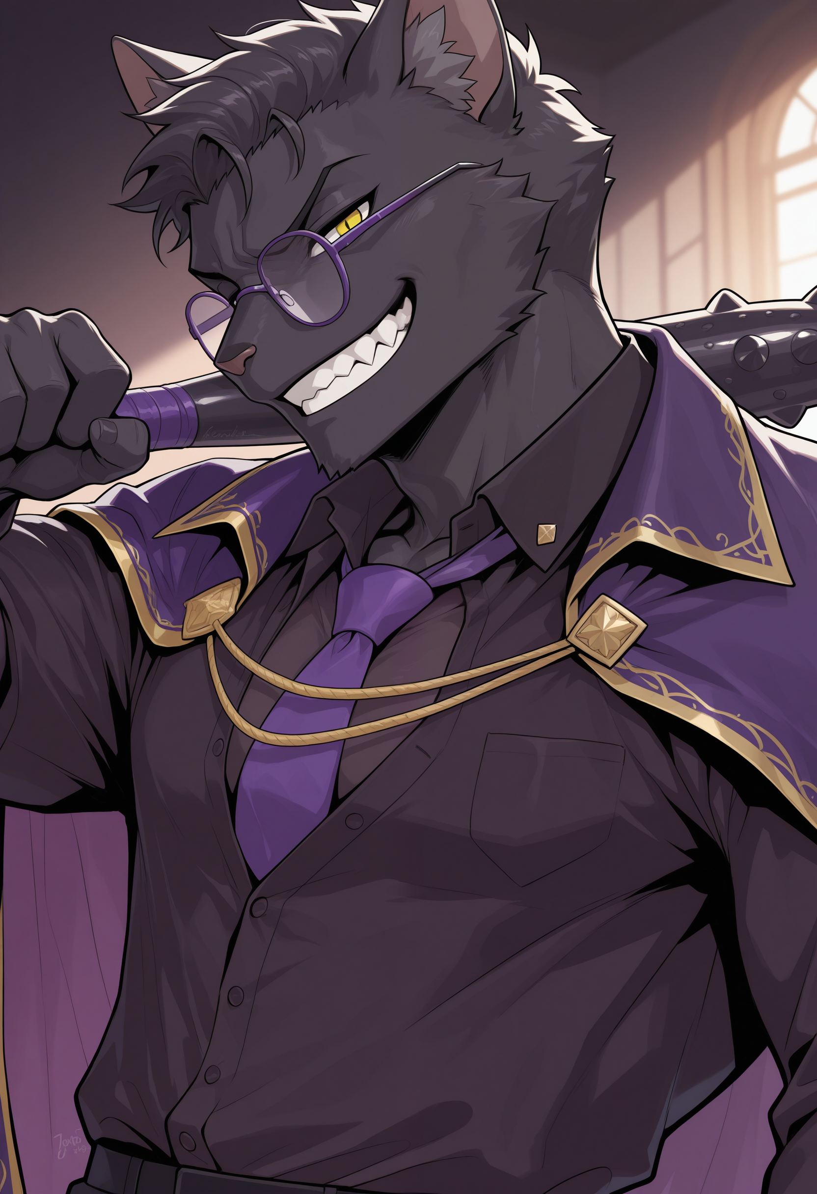 masterpiece,best quality, amazing quality, 1boy, solo,  s3nr1, cat boy, black fur, purple glasses, black buttoned shirt, purple cape,  purple tie, purple undershirt, close up, side angle, evil grin, club,