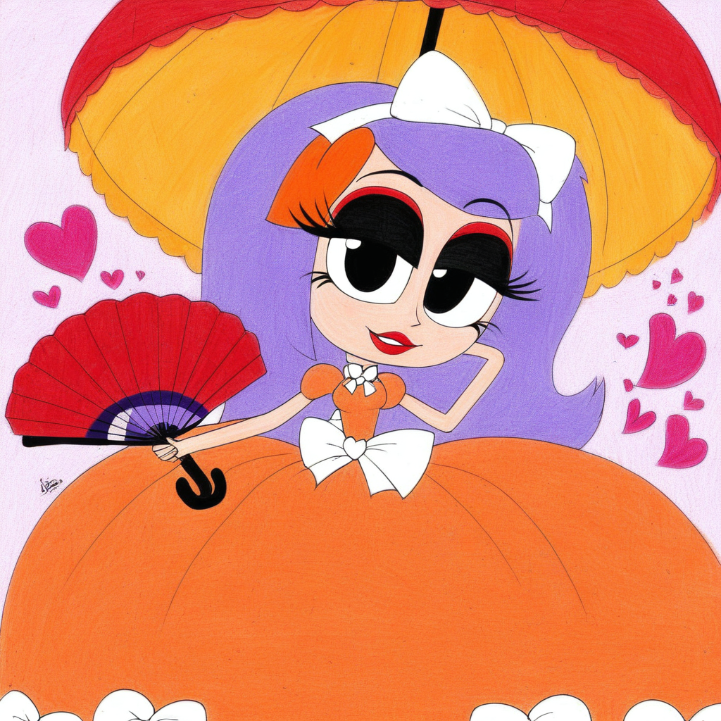 hand fan, makeup, red dress, purple hair, umbrella, white bow, orange dress, heart, orange hair