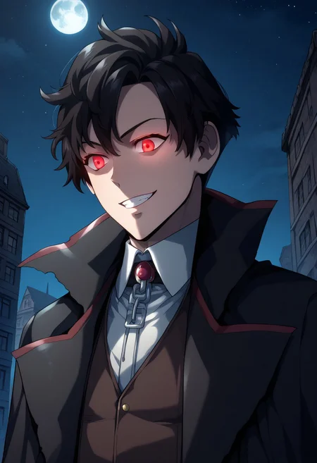score_9, score_8_up, score_7_up, source_anime, highly detailed,
vikir, 1boy, male focus, solo, torn clothes, shirt, white shirt, collared shirt, vest, brown vest, coat, black coat, upper body, black hair, short hair, red eyes, glowing eyes, grin,
outdoor, night, moon, buildings, victorian. shadows, dark,