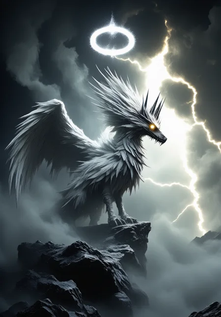 zenthros. A mystical, winged creature stands proudly on a rocky perch, its form a blend of bird and mythological being. Its feathers are sleek and white, glowing with a soft, divine aura. Magnificent wings spread outward, their tips glowing with a subtle, ethereal light. Above its head hovers a radiant halo, casting an otherworldly glow, emphasizing its celestial nature. The creature's eyes are sharp and full of ancient wisdom, as if it holds knowledge beyond time. The background is a dreamlike atmosphere, filled with a faint mist that further highlights the creature's ethereal presence. The scene feels divine, serene, and powerful all at once.