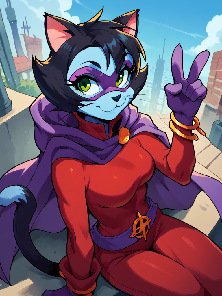 score_9, score_8_up, score_7_up, score_6_up, 1girl, v, sitting, cute pose, city, smile, looking at viewer, smile, cowboy shot, (dynamic pose:1.1), dynamic angle, sexually suggestive, from side, from above,
 <lora:AlleyKat_character:0.85>, Alleykat, cat ears, furry female, tail, short hair, black hair, colored skin, red bodysuit, waist belt, purple gloves, purple cape, purple mask, green eyes, bracelet, <lora:lhata4564XLP:0.75> lhata4564,