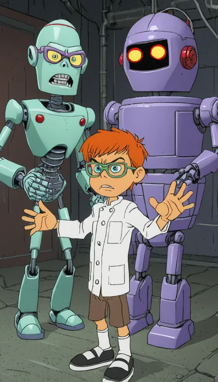 <lora:3D_Movie_Maker_XL:1> Dexter the child mad scientist from Dexter's Laboratory enters a robot-building contest against his nemesis Mandark.