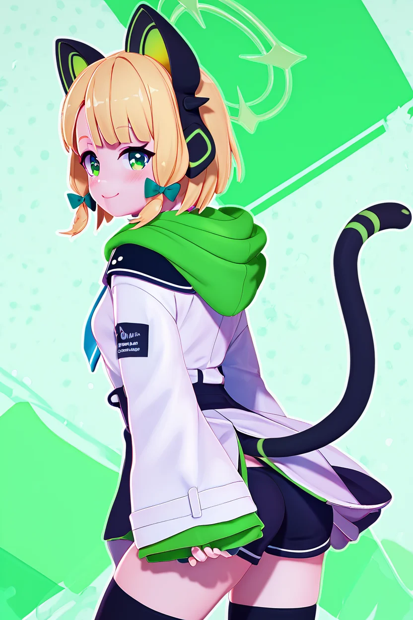 score_9, score_8_up, score_8, medium breasts, (curvy), cute, eyelashes, BREAK, , ,,, zzMidori, solo, blonde hair, short hair, green eyes, hair bow, tail, animal ears, fake animal ears, animal ear headphones, headphones, cat ear headphones, halo, hair bow, green halo, tail, cat tail, green bow, black thighhighs, blue necktie, collared shirt, long sleeves, white jacket, white shirt, black shorts, blush, black footwear, open jacket, hood, wide sleeves ,<lora:Midori_BlueArchive_PDXL:1.0>, ,,,, BREAK, smile, looking at viewer, cowboy shot, side view, ass, ,,, embedding:zPDXL, Expressiveh, ,,, <lora:Zy0n7_PDXL:0.8>, <lora:SDXLFaeTastic2400:0.5>, <lora:Expressive_H-000001:0.4>,
