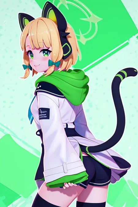 score_9, score_8_up, score_8, medium breasts, (curvy), cute, eyelashes, BREAK, , ,,, zzMidori, solo, blonde hair, short hair, green eyes, hair bow, tail, animal ears, fake animal ears, animal ear headphones, headphones, cat ear headphones, halo, hair bow, green halo, tail, cat tail, green bow, black thighhighs, blue necktie, collared shirt, long sleeves, white jacket, white shirt, black shorts, blush, black footwear, open jacket, hood, wide sleeves ,<lora:Midori_BlueArchive_PDXL:1.0>, ,,,, BREAK, smile, looking at viewer, cowboy shot, side view, ass, ,,, embedding:zPDXL, Expressiveh, ,,, <lora:Zy0n7_PDXL:0.8>, <lora:SDXLFaeTastic2400:0.5>, <lora:Expressive_H-000001:0.4>,