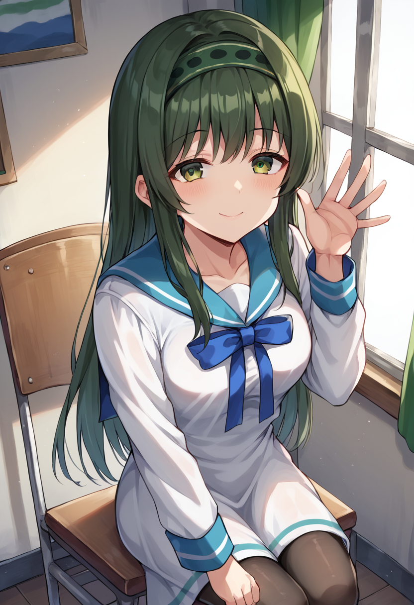 score_9,score_8_up,score_7_up,source_anime,masterpiece,best quality,1girl,solo,dynamic_angle,sitting_on_chair,tsukisuzu_shirona,green eyes,green hair,long hair,green hairband,dress,sailor dress,school uniform,long sleeves,pantyhose,white dress,black pantyhose,blue ribbon,blue sailor collar,<lora:shirona:1>,looking_at_viewer,cowboy_shot,window,smile,waving,closed mouth,half-closed eyes,from_above,
