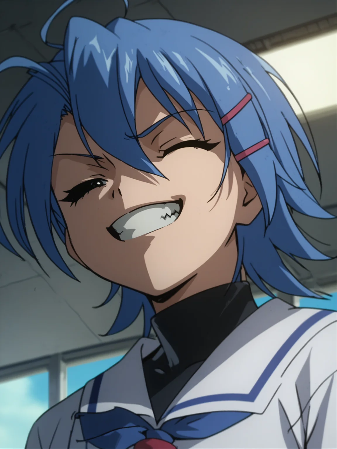 <lora:happy_tentacle-junko-v0.2:1>, ht_junko, blue hair, school uniform, school , 1girl, solo, portrait , , ( wince , crazy smile :1.1), looking down , from below , score_9, score_8_up, score_7_up, score_6_up, score_5_up, score_4_up