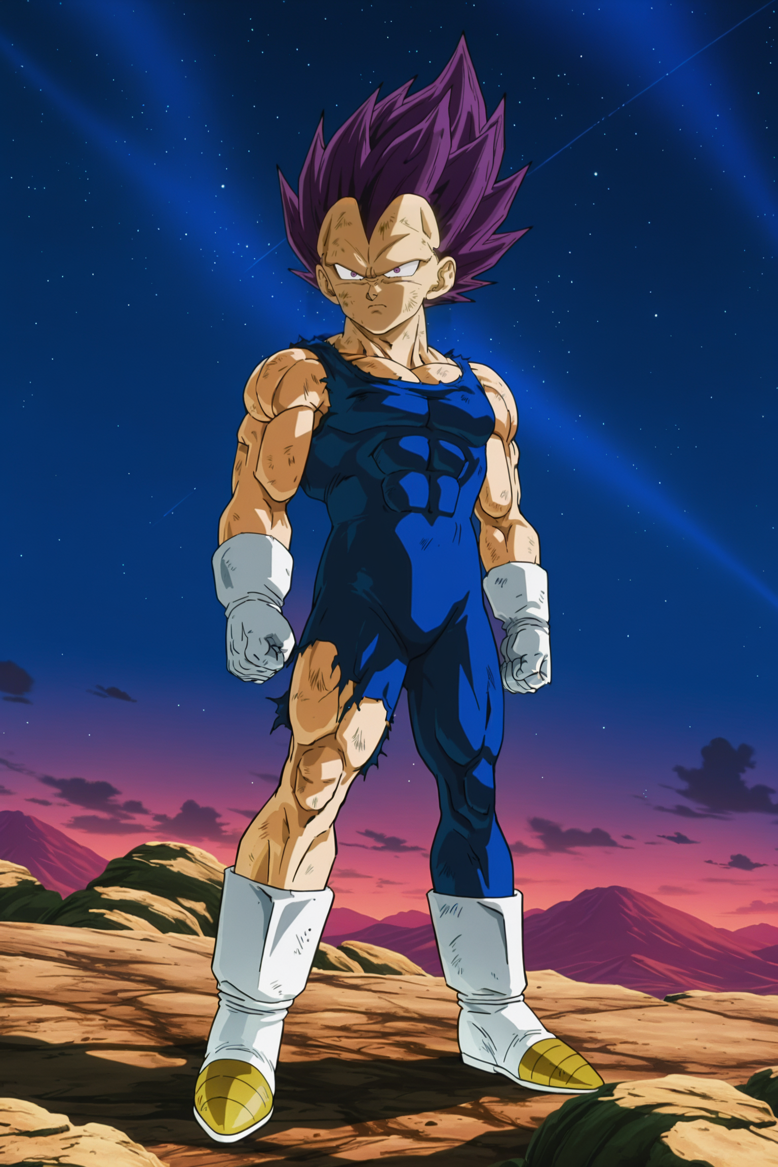anime screencap, masterpiece, best quality, amazing quality, very aesthetic, absurdres,  newest, (scenery, volumetric lighting), dappled moonlight, 
vegeta, official alternate costume, ultra ego, no eyebrows, official style, solo, closed mouth, spiked hair, purple hair, purple eyes, constricted pupils, looking at another, full body, 1boy, male focus, muscular, torn bodysuit, single bare shoulder, abs, sleeveless bodysuit, blue bodysuit, white gloves, boots, two tone footwear, white footwear, serious, clenched hands, frown, standing, rock, night sky, dirty clothes, single bare leg, mountainous horizon, star \(sky\), 
<lora:Vegeta_IL_V2:0.8>