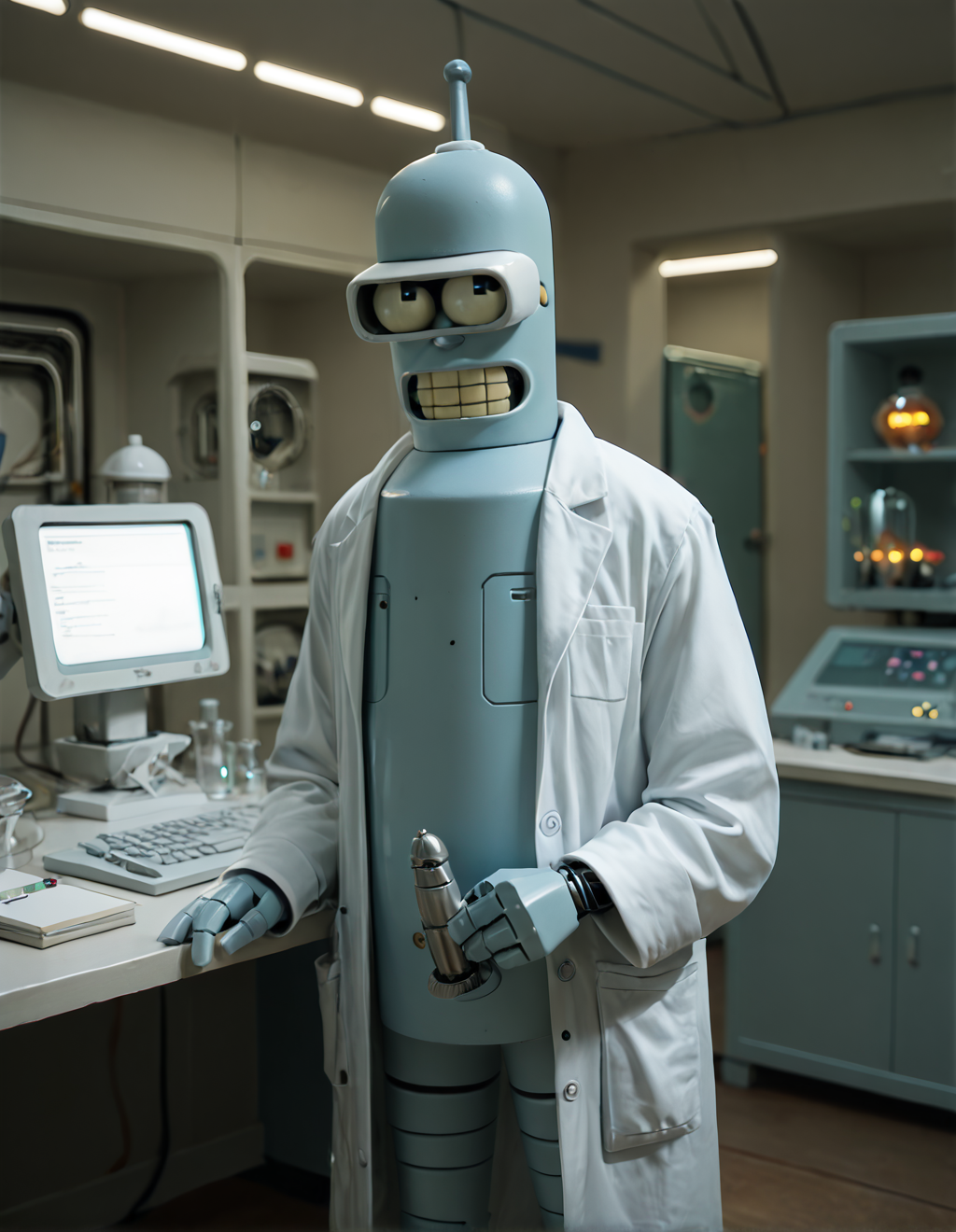 score_9, score_8_up, score_7_up,  source_cartoon, retro artstyle, 
b3nd3r, humanoid robot,  no humans,
indoors, laboratory, lab equipment, computers, futuristic, science fiction, lab coat
 <lora:bender_bending_rodriguez-Pony-v1:1.0>