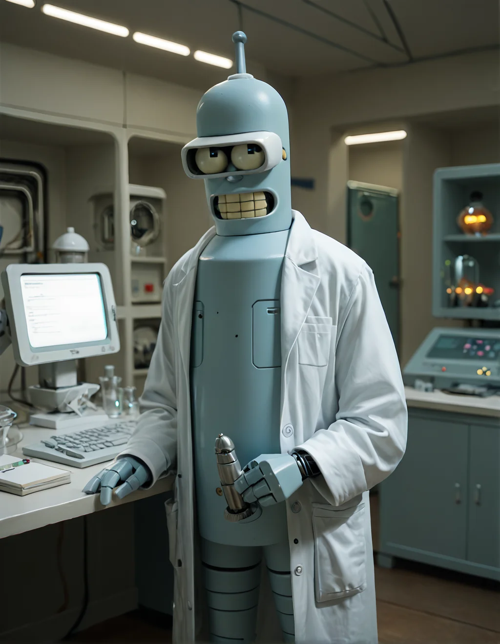 score_9, score_8_up, score_7_up,  source_cartoon, retro artstyle, 
b3nd3r, humanoid robot,  no humans,
indoors, laboratory, lab equipment, computers, futuristic, science fiction, lab coat
 <lora:bender_bending_rodriguez-Pony-v1:1.0>