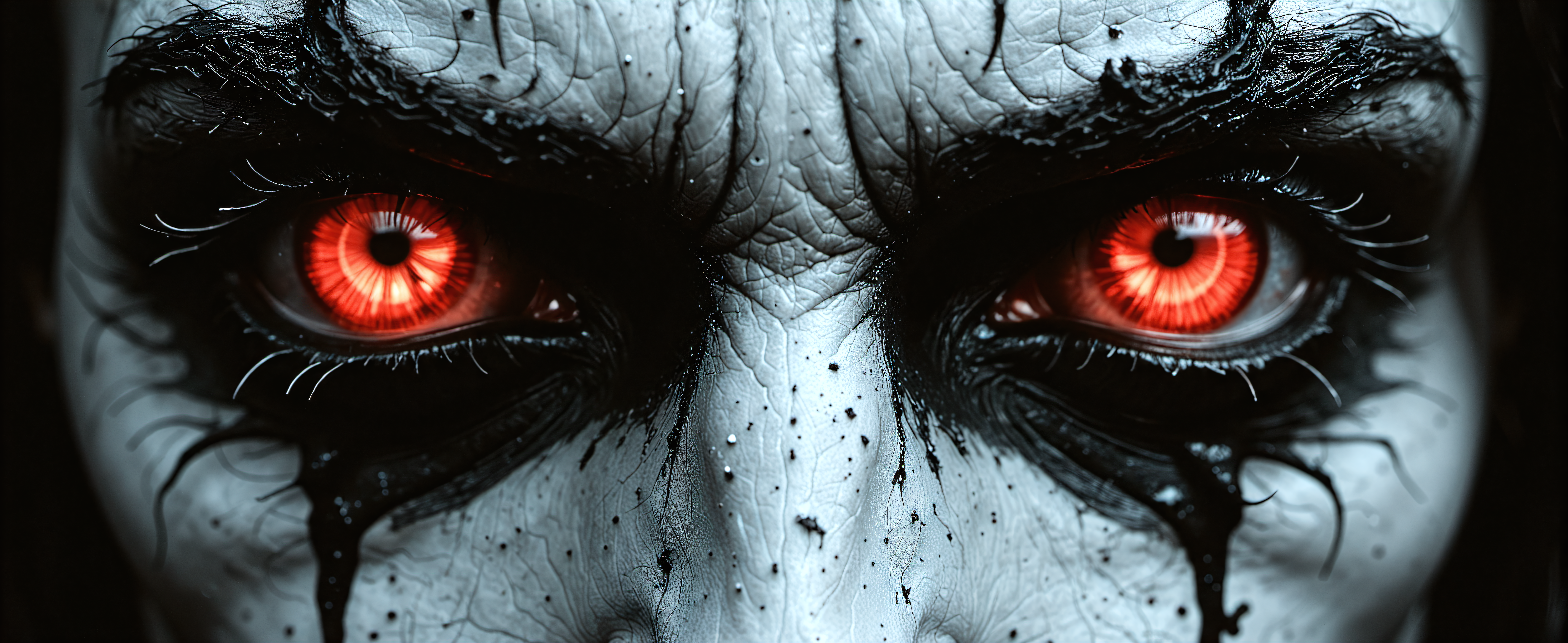 devast8,an extreme closeup on the eyes of a demon, it reflects red burning flames, crying tears of black ink