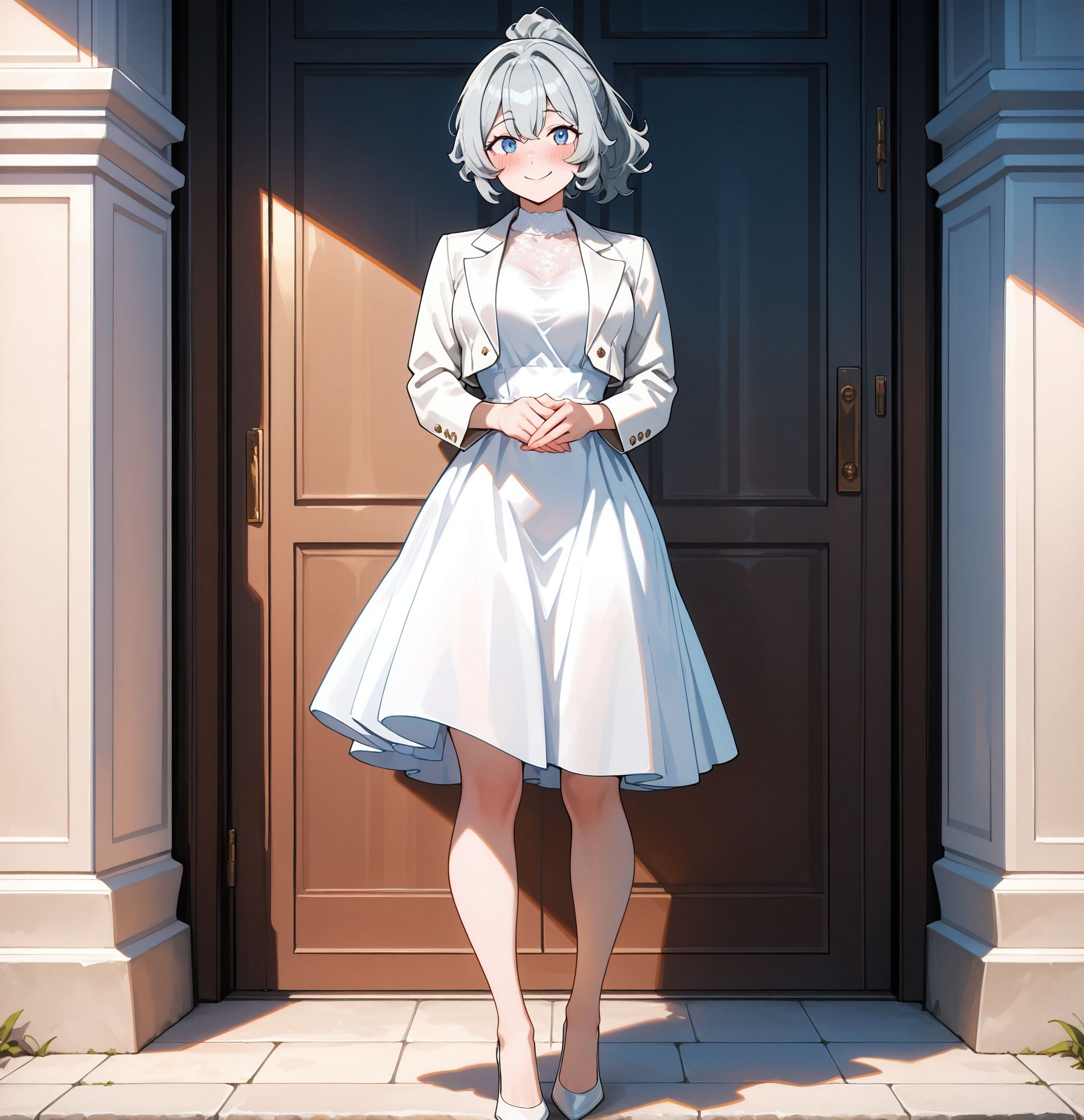 masterpiece,best quality,amazing quality,very aesthetic,absurdres,newest, huge filesize,
<lora:spo_sdxl_10ep_4k-data_lora_webui:0.5>,
<lora:add-detail-xl:1>
<lora:DANMACHI_V2:1>
danmachiV2,1girl,solo,
full body,high heels,
dress,ponytail,short hair, 
looking at viewer,
white footwear,
white jacket,white dress, grey hair, 
standing,alternate costume,
smile,blue eyes,long hair,blush,
own hands together,d_syr,